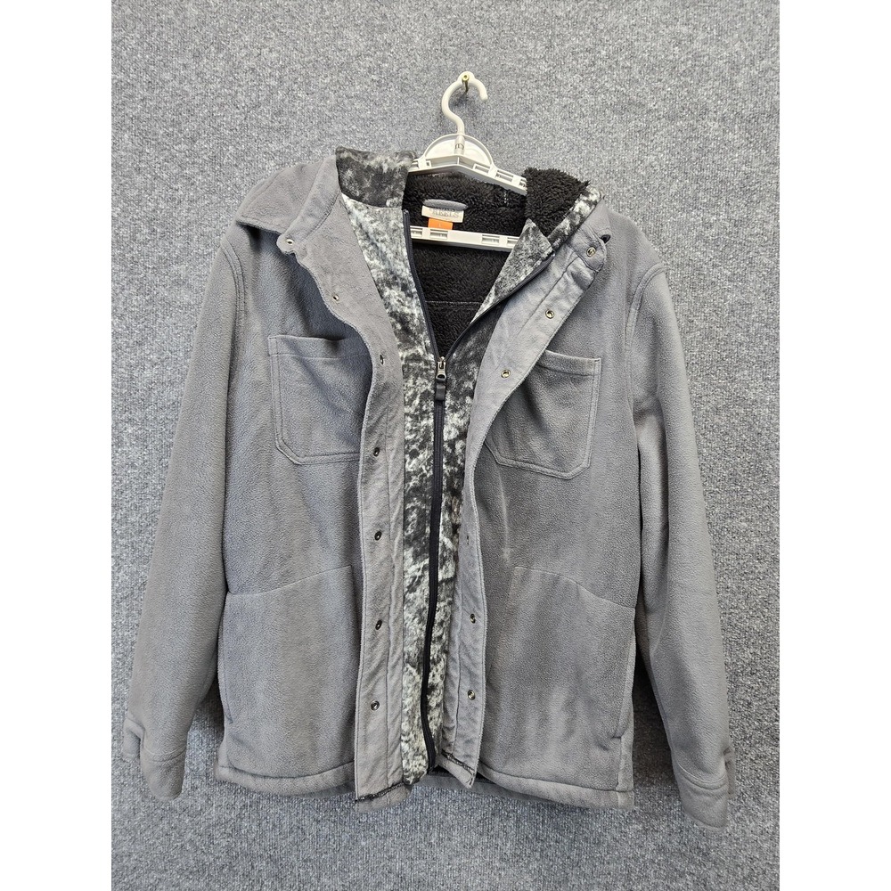 Racks & Reels Shirt Jacket Mens Large Gray Sherpa Lined Fleece Hooded Snap Front